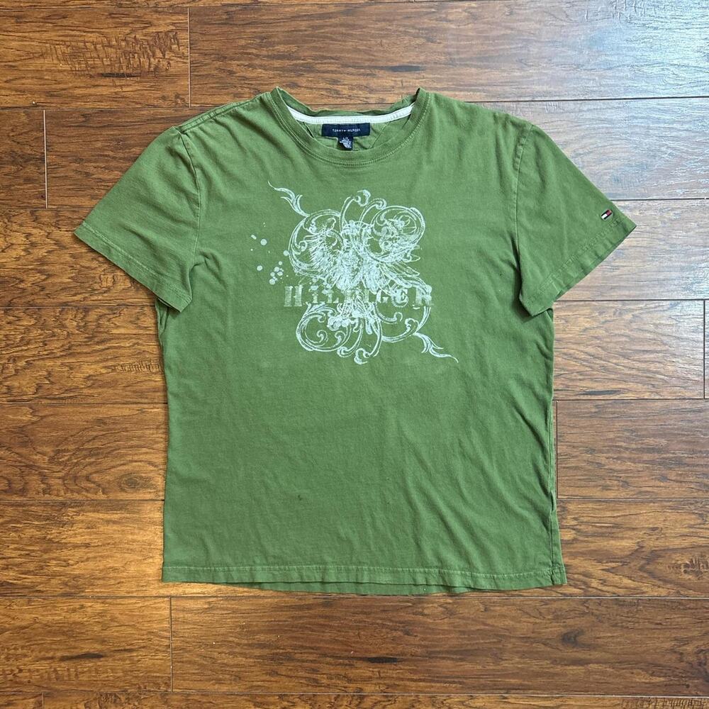 2000s Tommy Hilfiger Custom Fit Green Y2K Eagle Design Graphic T-Shirt Size L